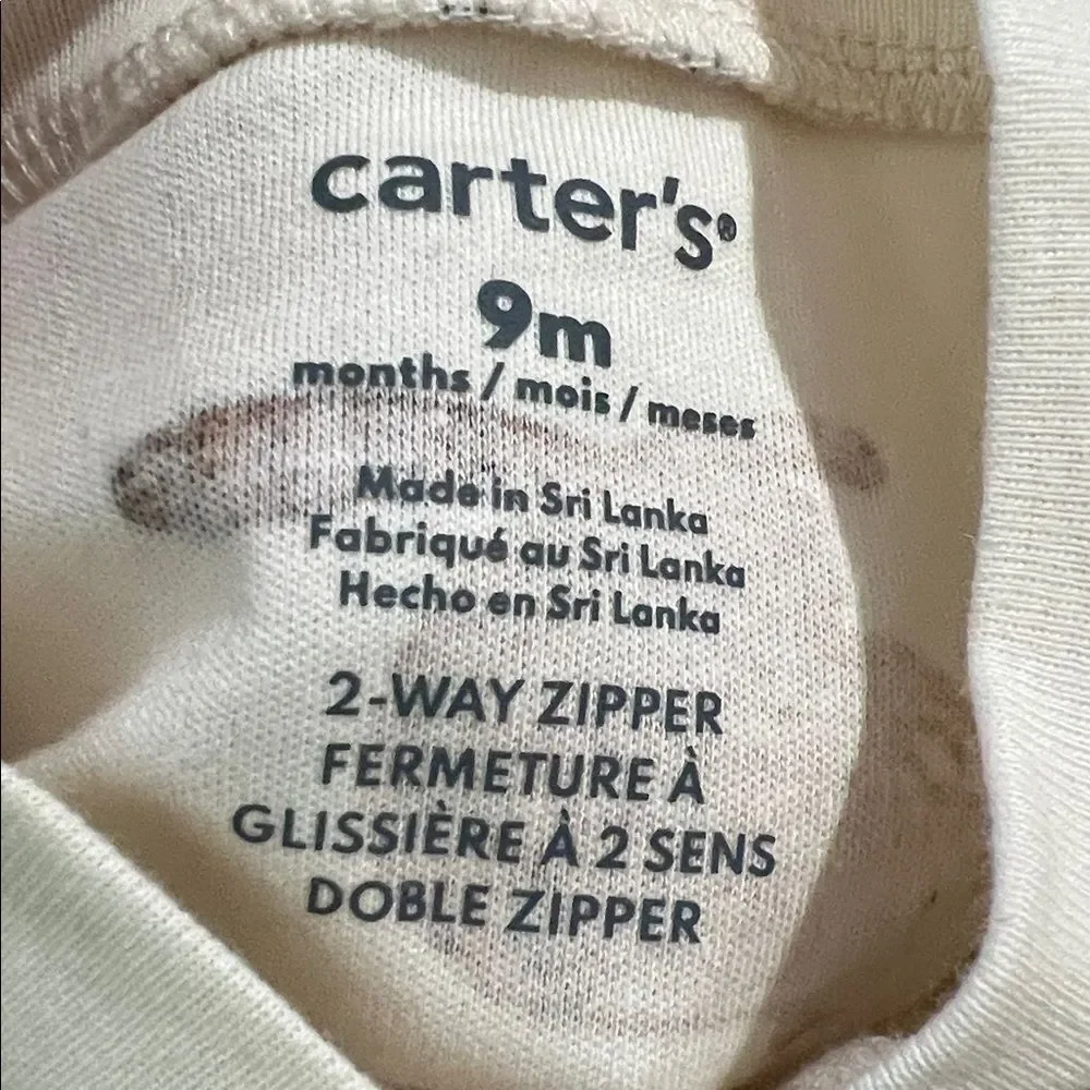 Carter's Cream with Woodland Animal print double zipper footie NWT size 9m
